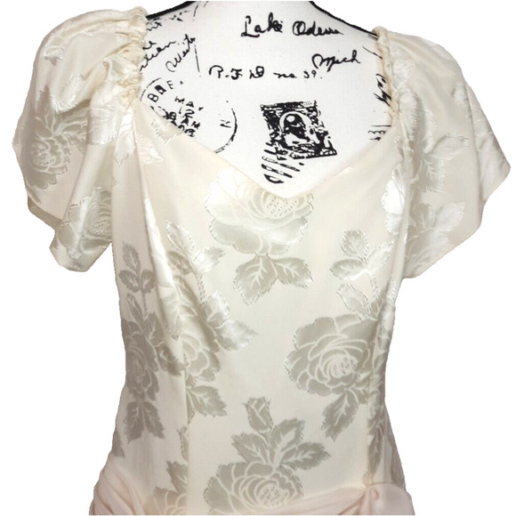 Vintage 80s Satin Chiffon Puff Sleeve Drop Waist Dress Size 16 Formal Wedding - Picture 3 of 16